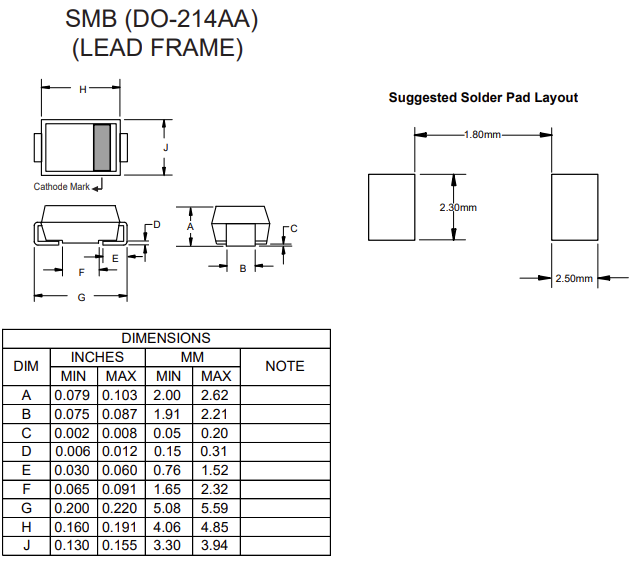 Mechanical Drawing - Micro Commercial Components (MCC) SMB15J33CAHE3 TVS Diode